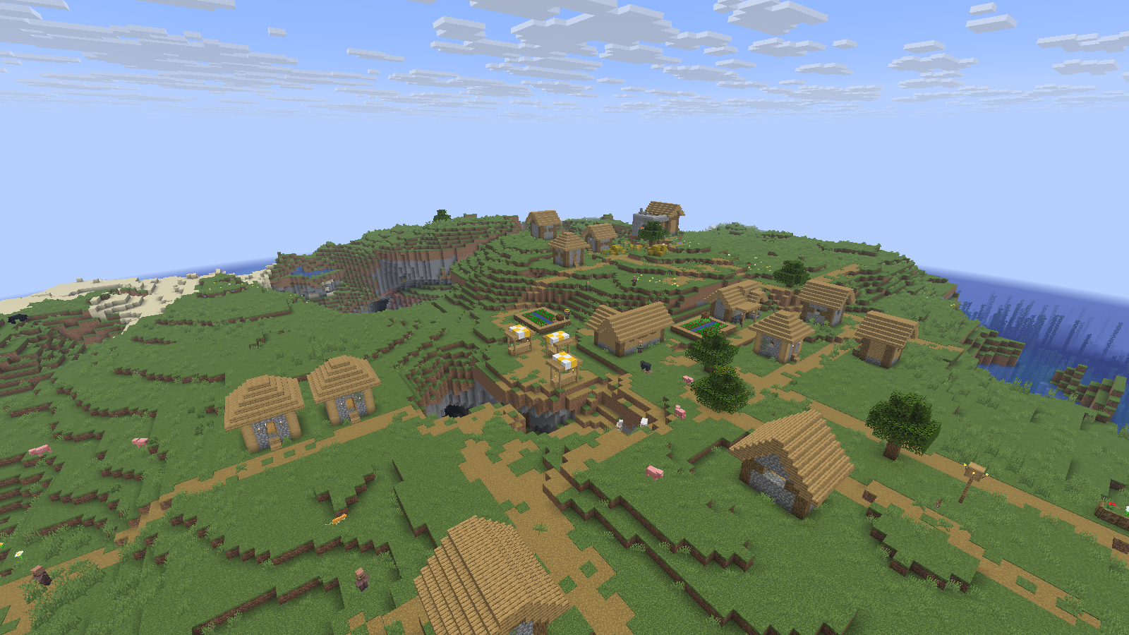 The same village camera at a render distance of 12 chunks, with simulation distance kept at 5. Sodium 0.9.2 on Java 26.2.