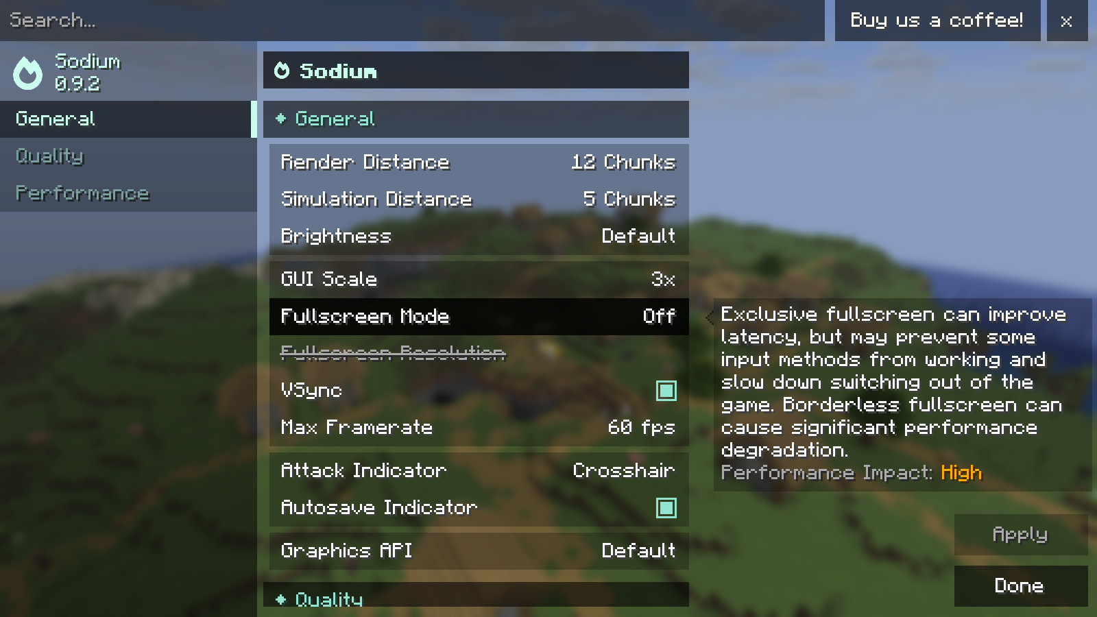 Sodium 0.9.2 shows separate Render Distance and Simulation Distance settings: 12 and 5 chunks in this example.