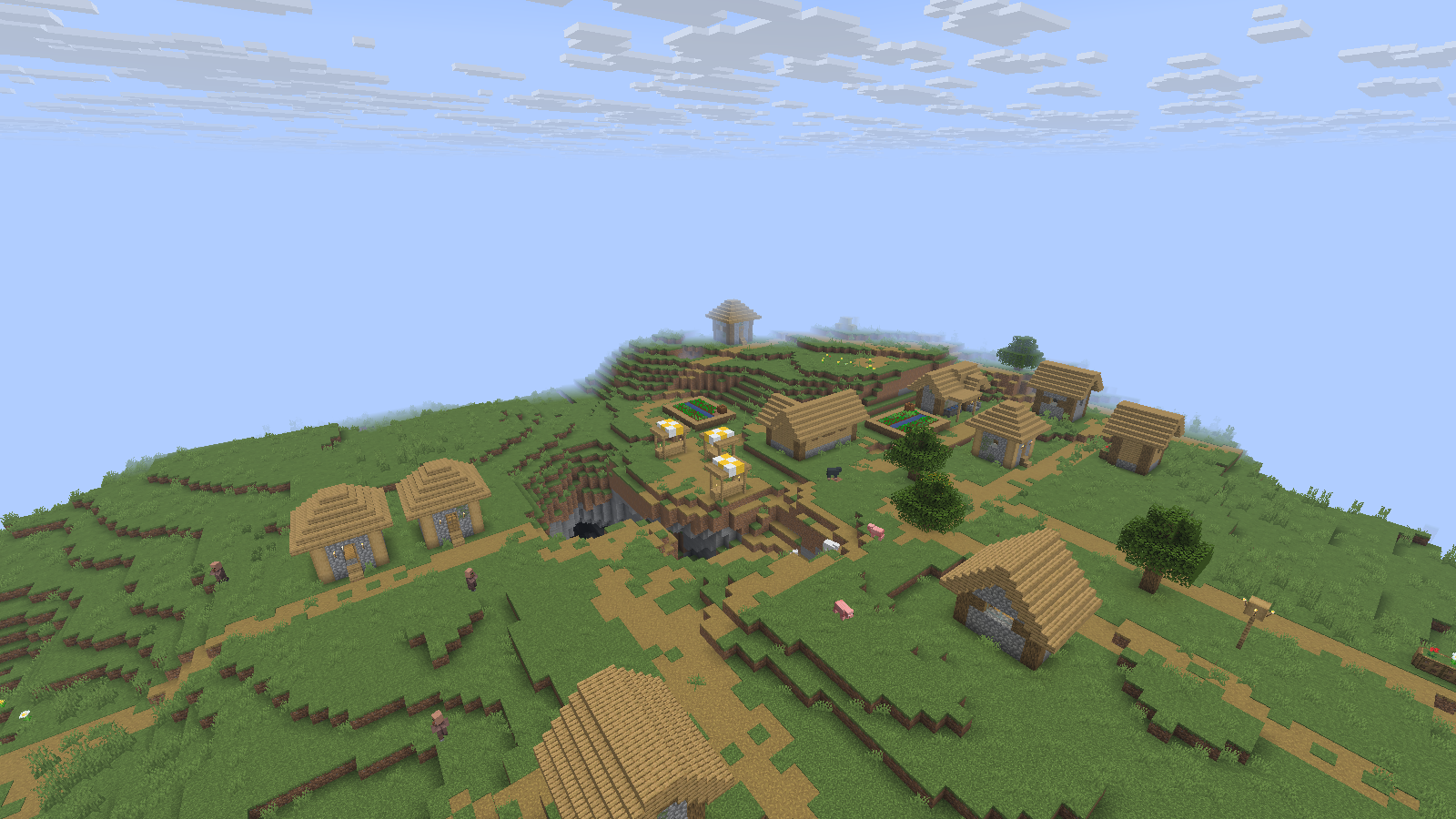 The same camera at 6 render chunks: the far side of the village is obscured by distance fog. Simulation remains at 5 chunks.