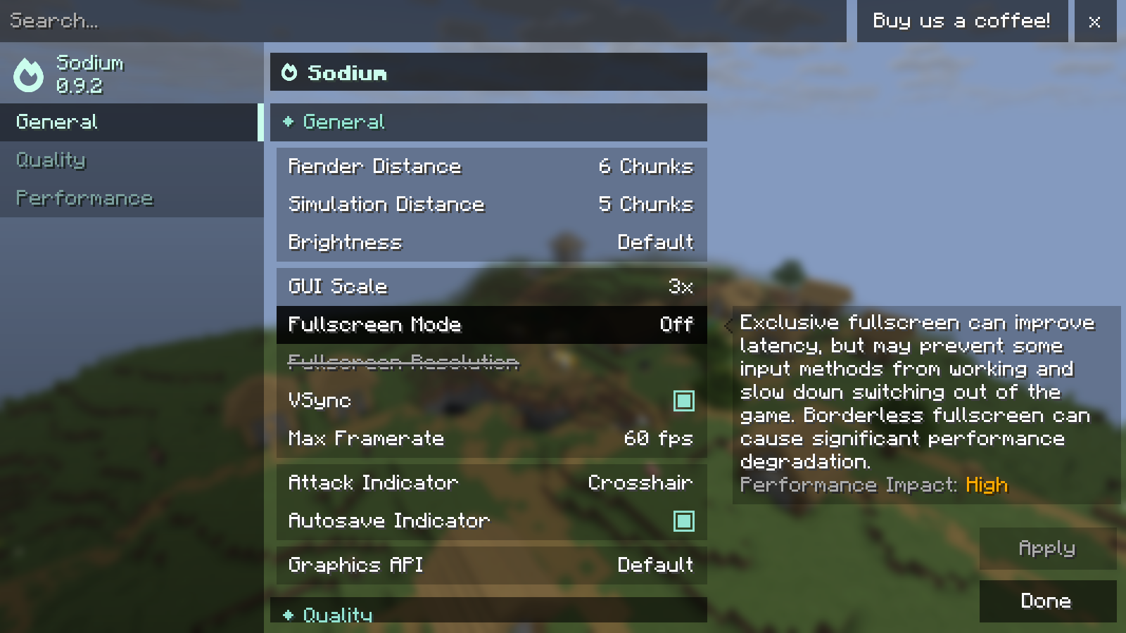 The real Sodium settings screen after setting Render Distance to 6 chunks; Simulation Distance stays at 5.