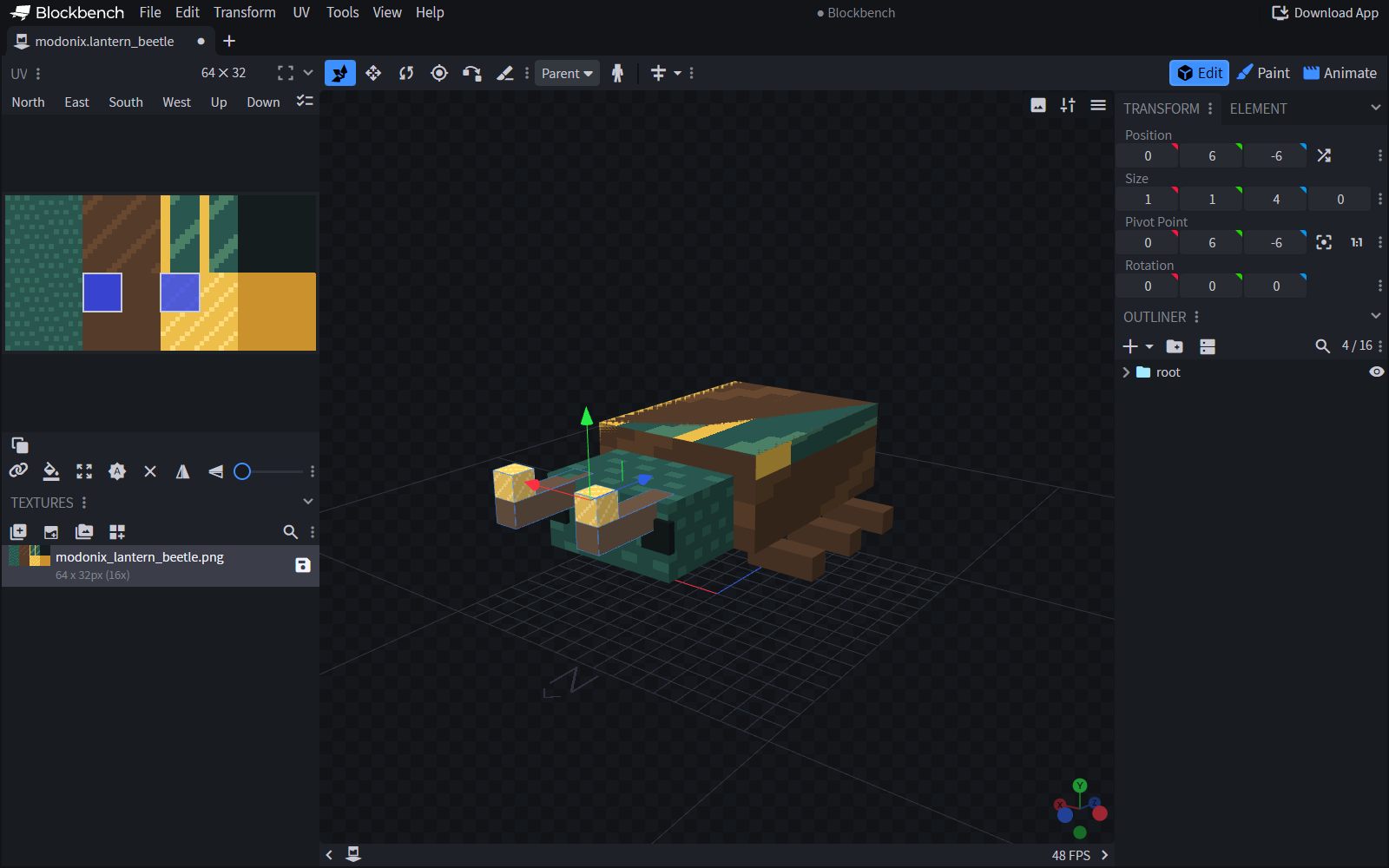 Blockbench showing the beetle model with its longer antennae selected beside the texture and size controls.