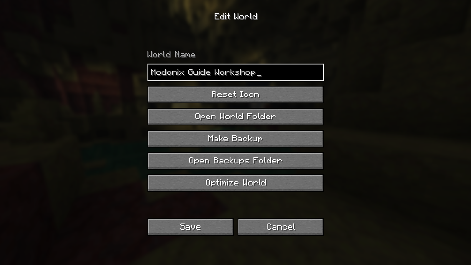 Java 26.2: select a saved world, open Edit, then choose Make Backup. The same menu provides Open Backups Folder.