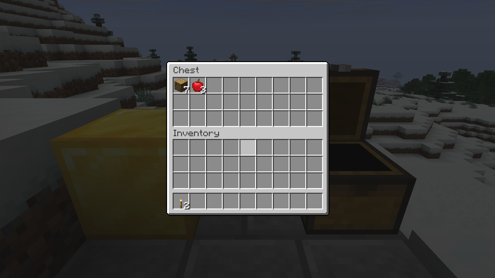 Before the backup, this example chest holds seven oak logs and three apples; two torches are in the player inventory.