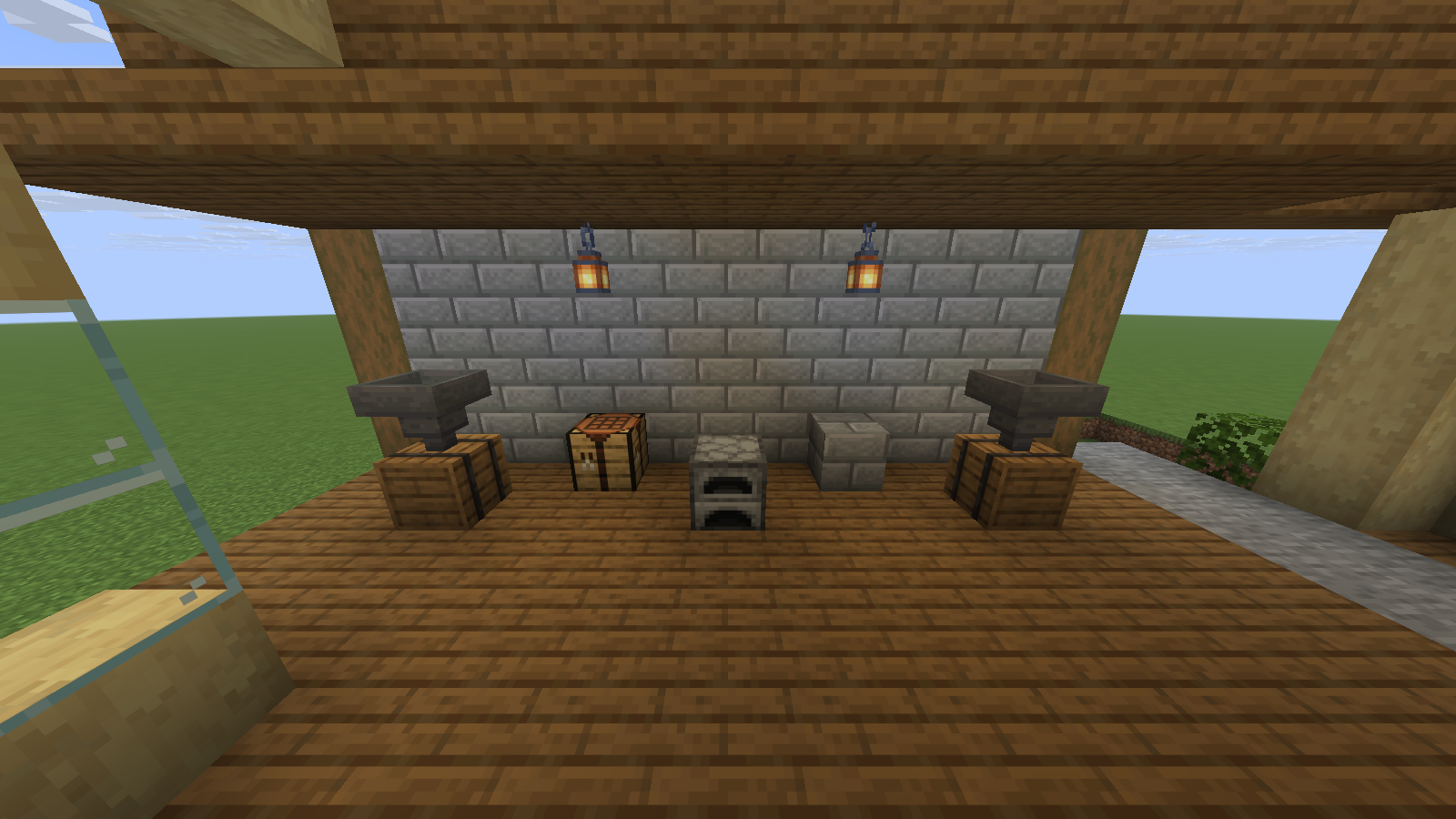 A compact Creative example with two hopper-and-barrel stations and a furnace, shown with Lithium 0.25.3 on Java 26.2.