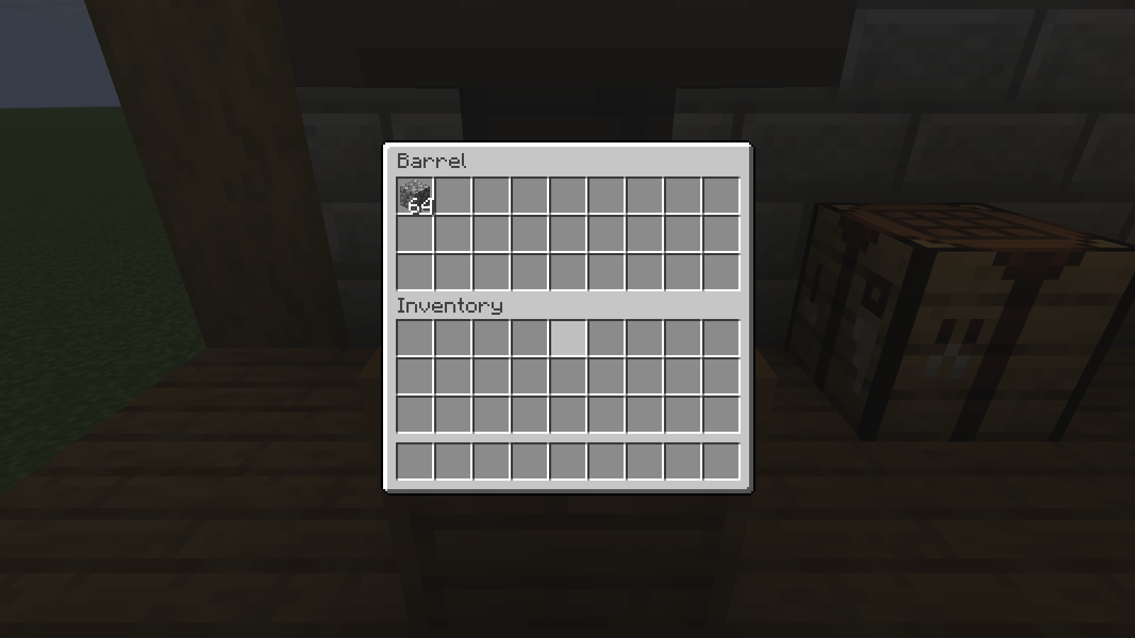 The first barrel contains the 64 cobblestone transferred from its hopper.