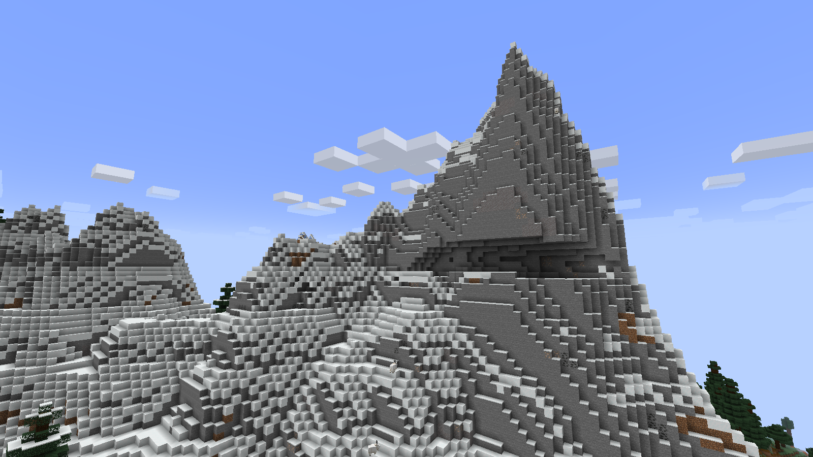Snowy jagged peaks and goats on narrow ledges in Tectonic 3.0.25 on Java 1.21.1.