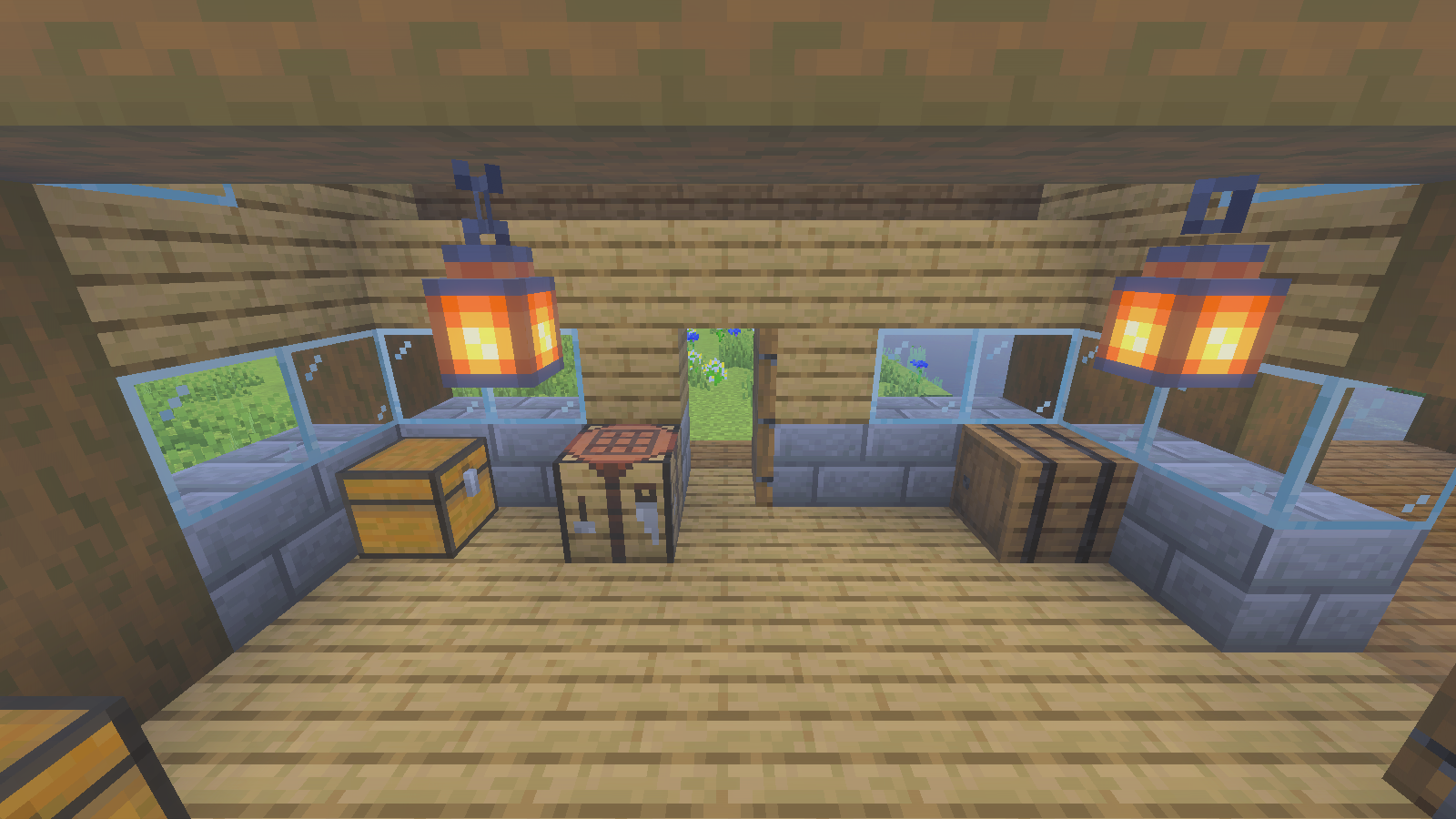 Warehouse interior with named storage containers, a crafting table, lanterns and an open doorway.