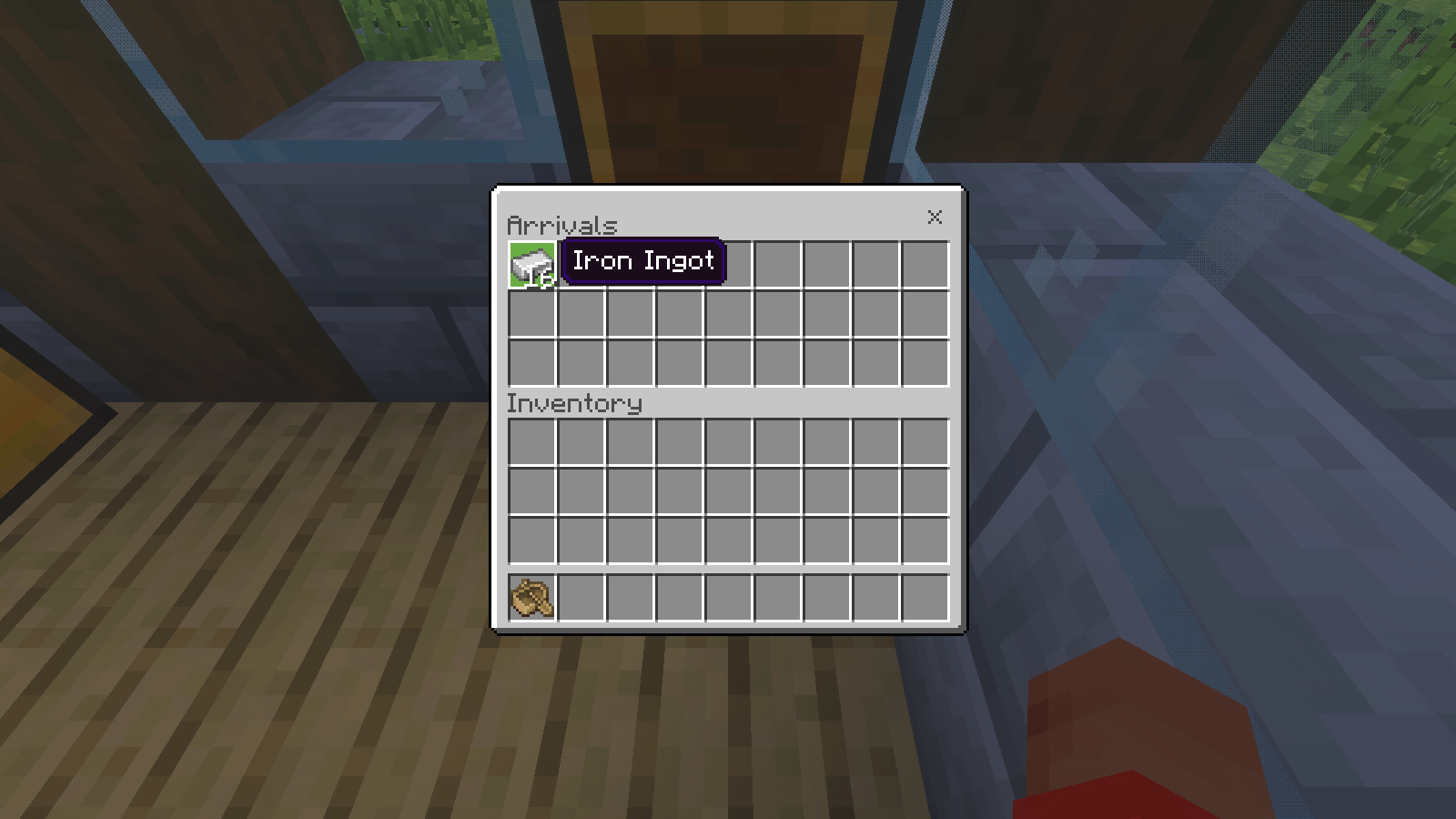 Arrivals chest inventory showing a stack of 16 iron ingots.