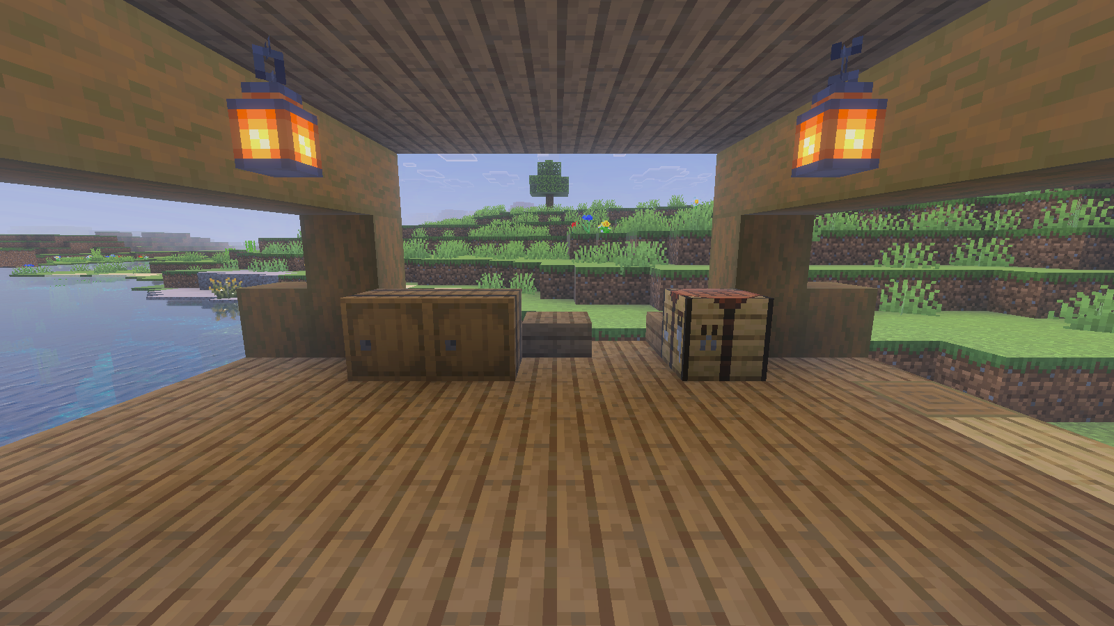 Covered warehouse loading bay with two barrels on the left and a crafting table on the right.