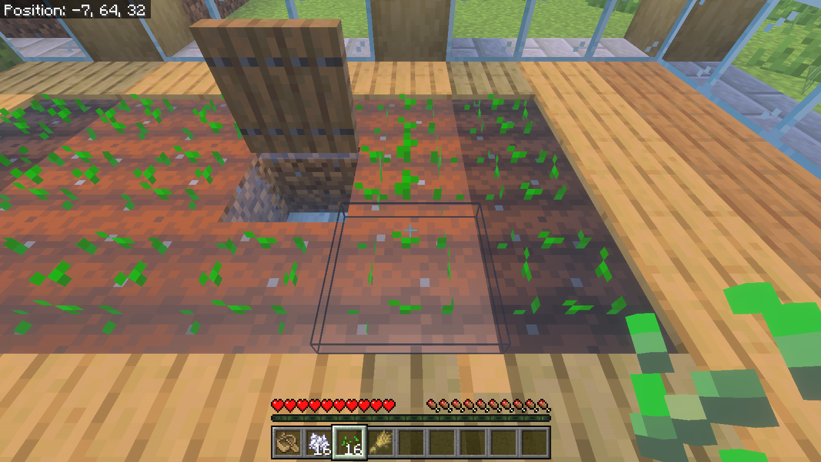 Survival view of the replanted wheat cell with seeds selected and one harvested wheat in the hotbar.