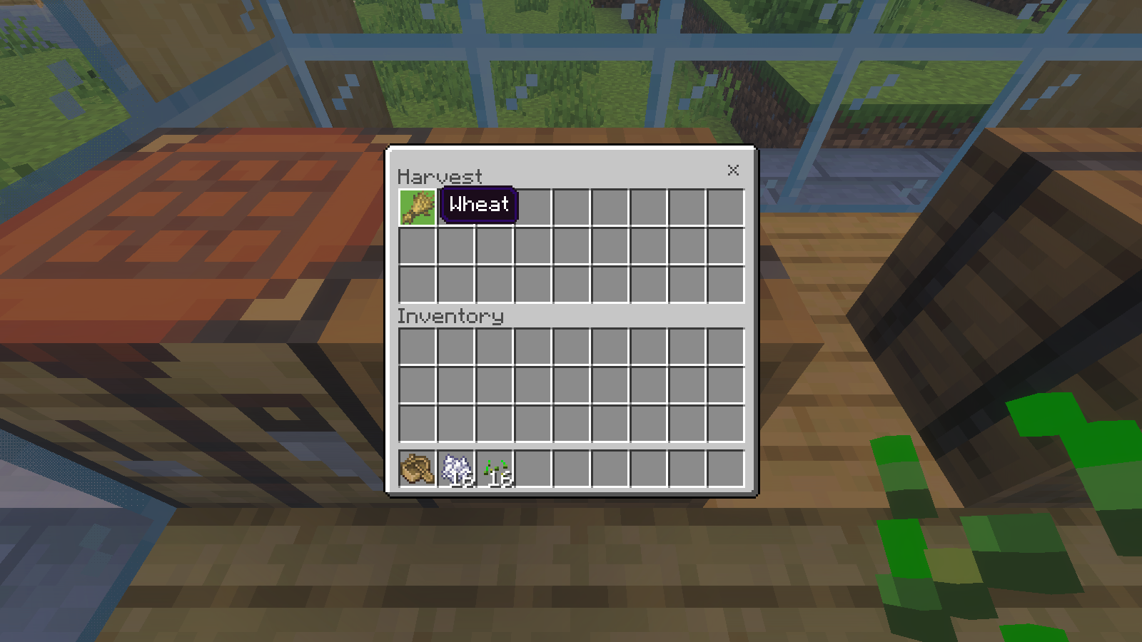 Harvest barrel inventory containing one wheat, with seeds and bone meal in the player inventory.