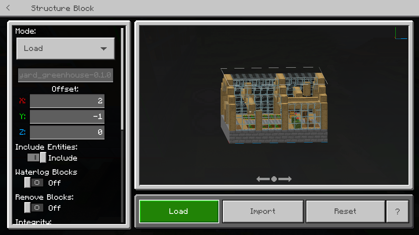 Bedrock structure block in Load mode showing the imported greenhouse file and structure preview.