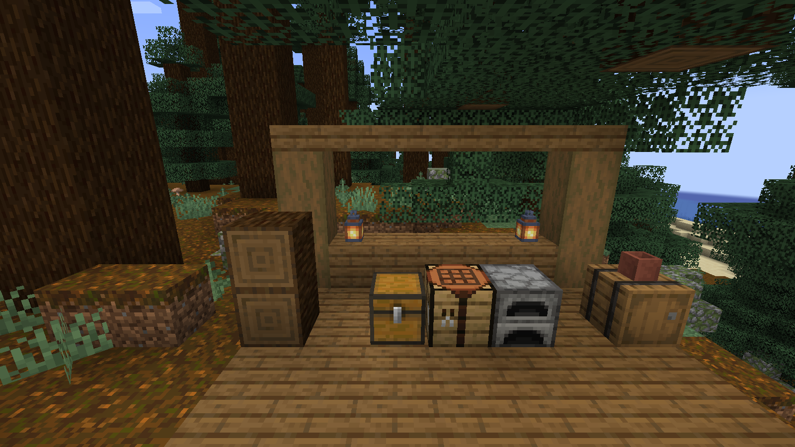 A Creative-built forest workbench with ModernFix on Java 1.21.1.