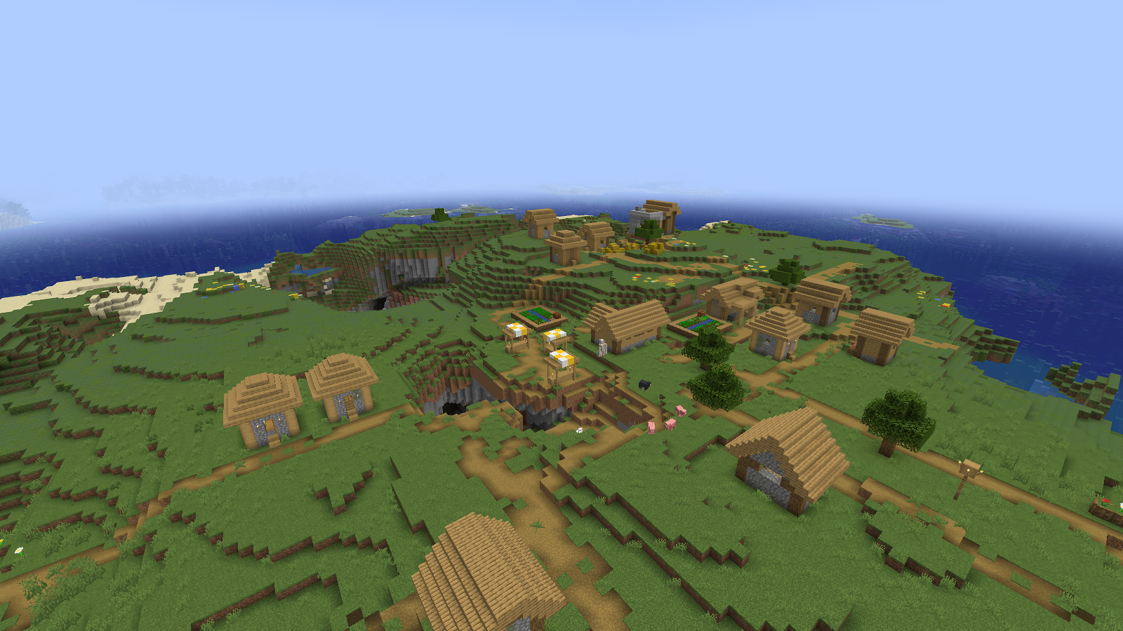 DH LOD rendering enabled: distant coast and water extend beyond the nearby village.