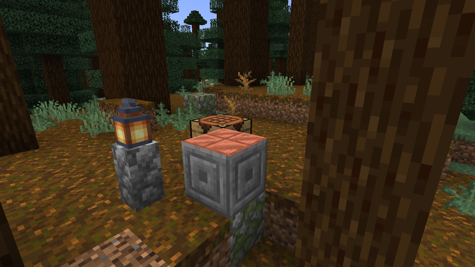 Waymarker beside a forest path in our arranged Java 1.21.1 example.