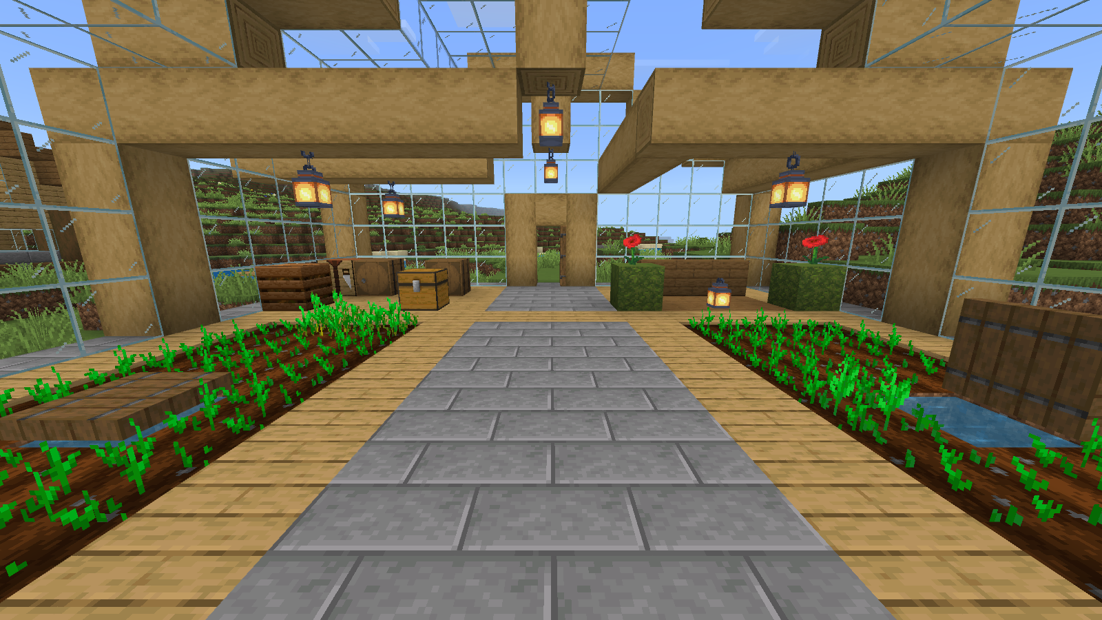 Faithful 32x greenhouse interior showing detailed stone bricks, wood surfaces and finer glass lines.