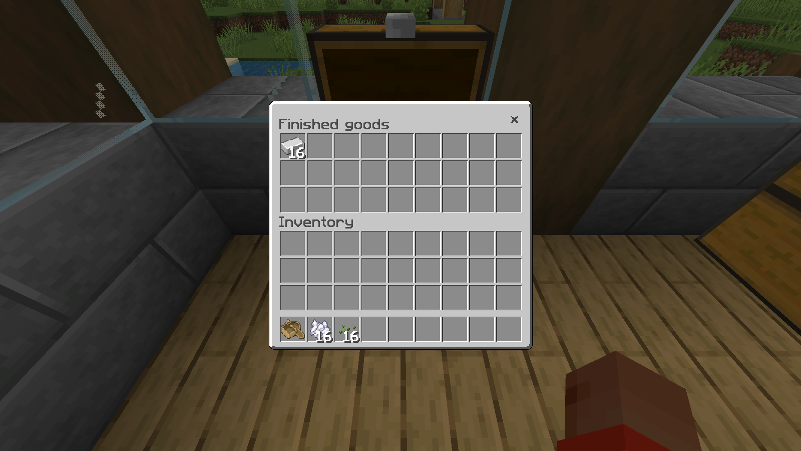 Faithful-styled chest interface labeled Finished goods, displaying 16 iron ingots and the player inventory.