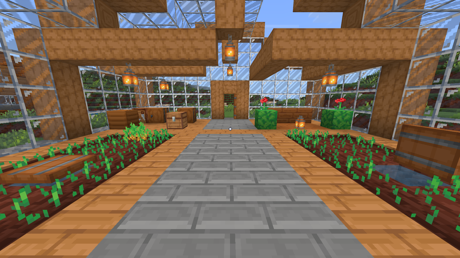 Devamped greenhouse interior with orange-toned wood, gray stone bricks and diagonal patterns across the glass.