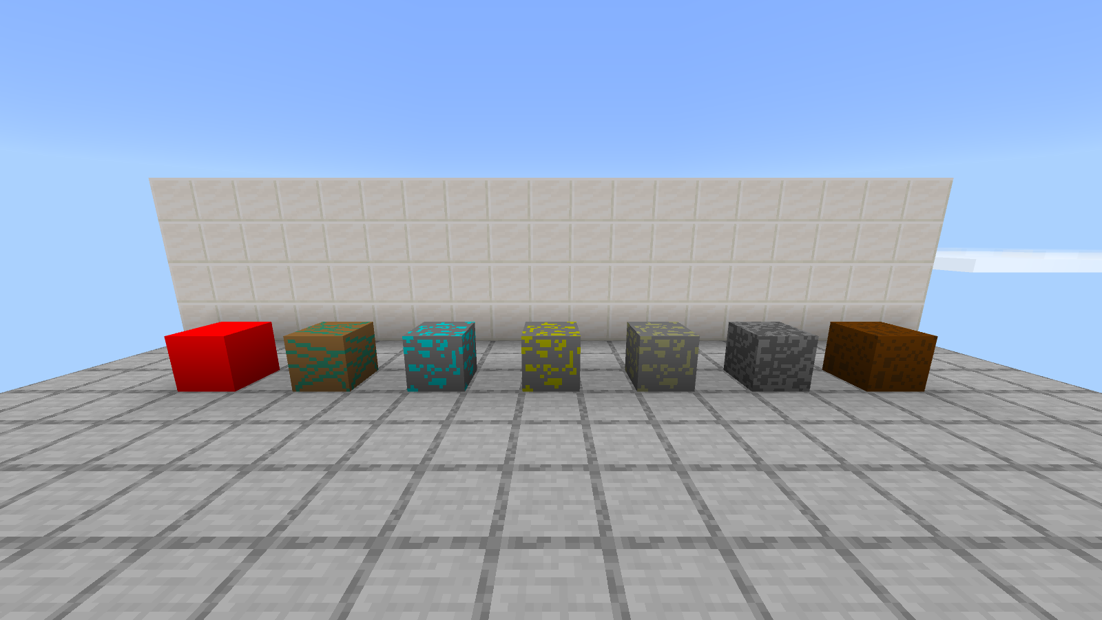 CheapDesign samples showing flat red redstone, orange-green raw copper, cyan diamond ore, yellow gold ore, muted iron ore, dark cobblestone and dirt.