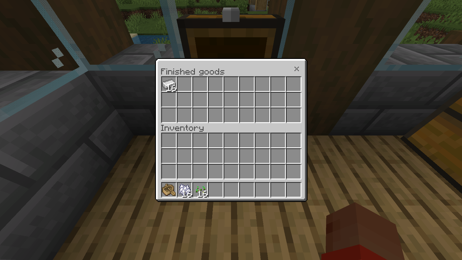 Default Minecraft font on the Finished goods chest, Inventory label and stack count 16.