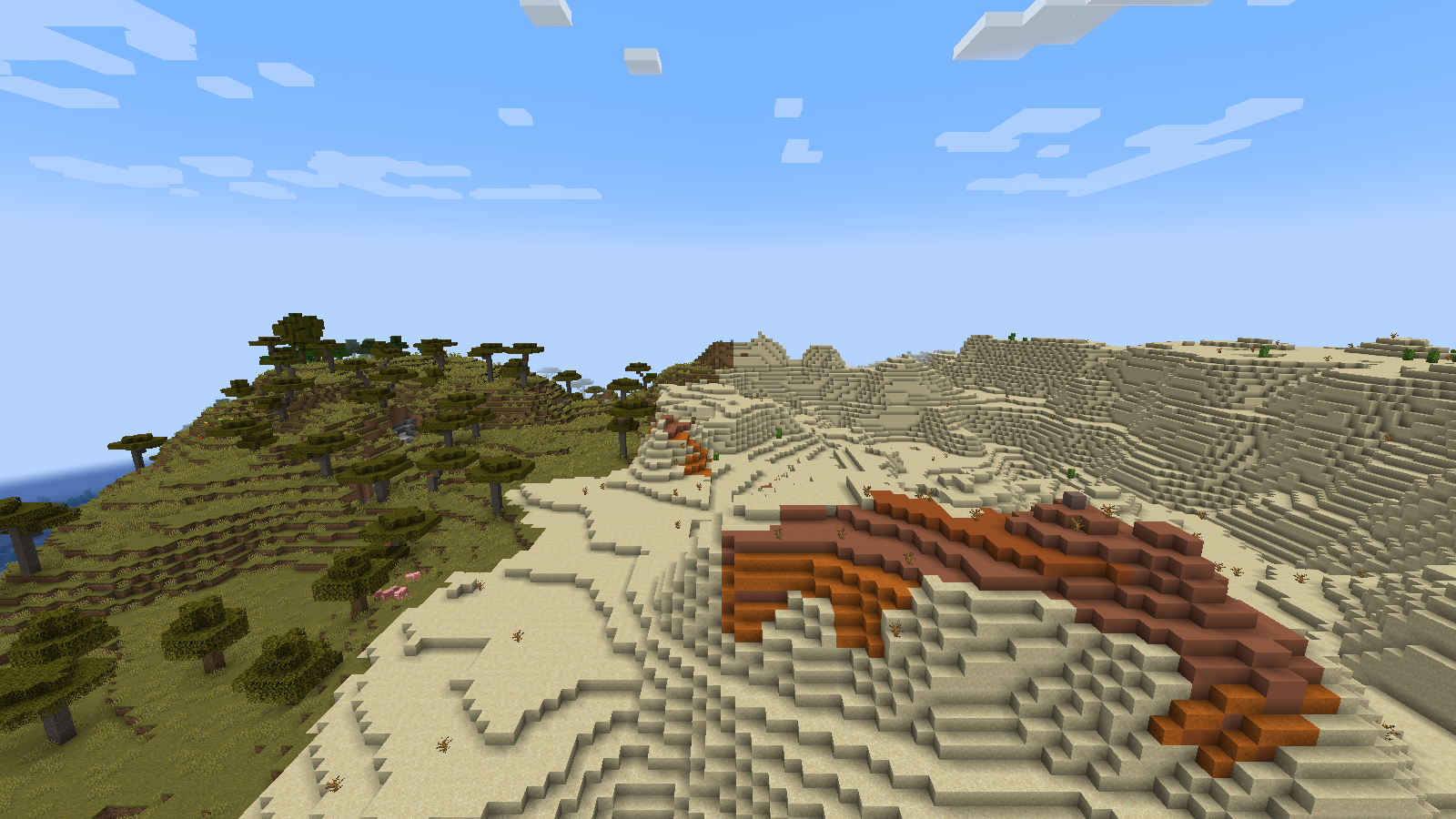 Stepped desert sand meets orange badlands and acacia trees in a Tectonic landscape.
