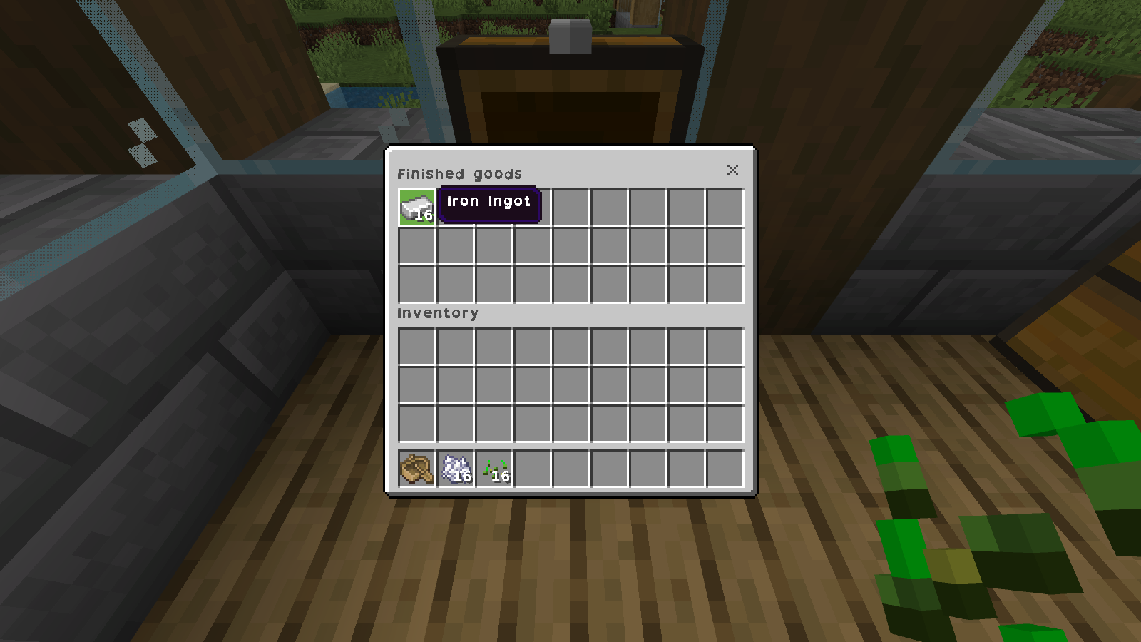 Iron Ingot tooltip displayed above the chest's iron stack with OpenDyslexic lettering.