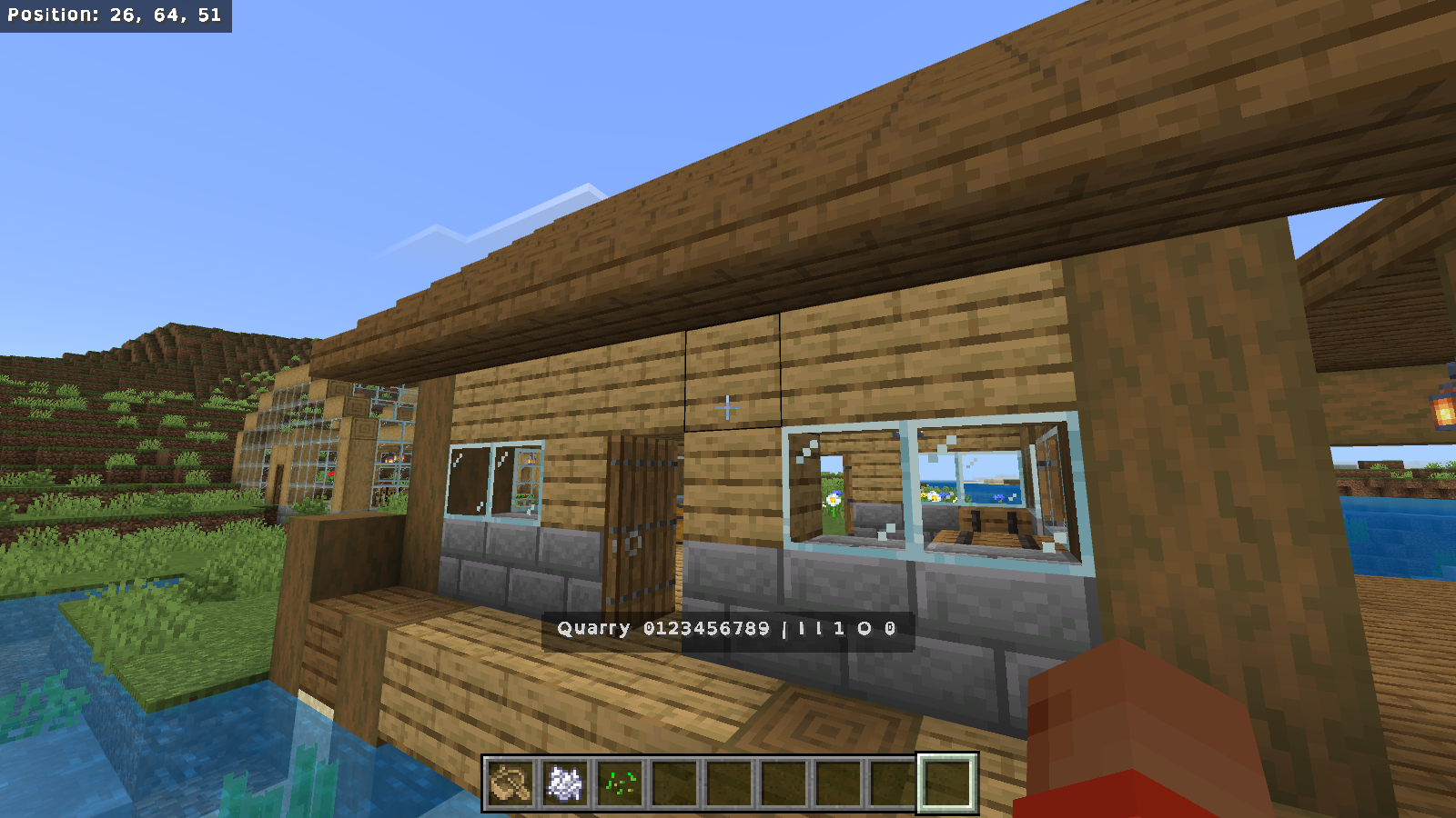 Minecraft actionbar reading Quarry 0123456789 followed by I, l, 1, O and 0, with OpenDyslexic active.