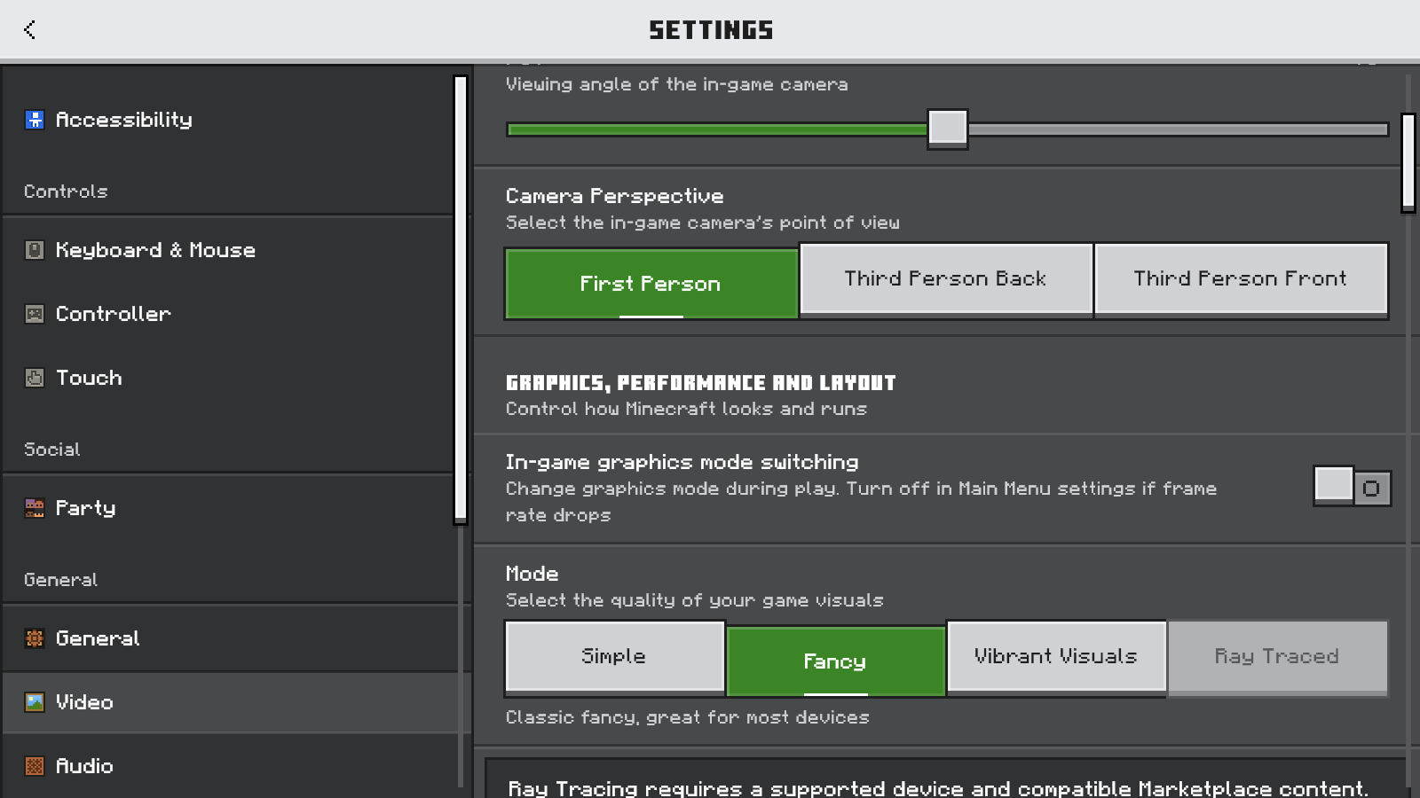 Video settings showing Fancy selected beside Vibrant Visuals and a disabled Ray Traced option.