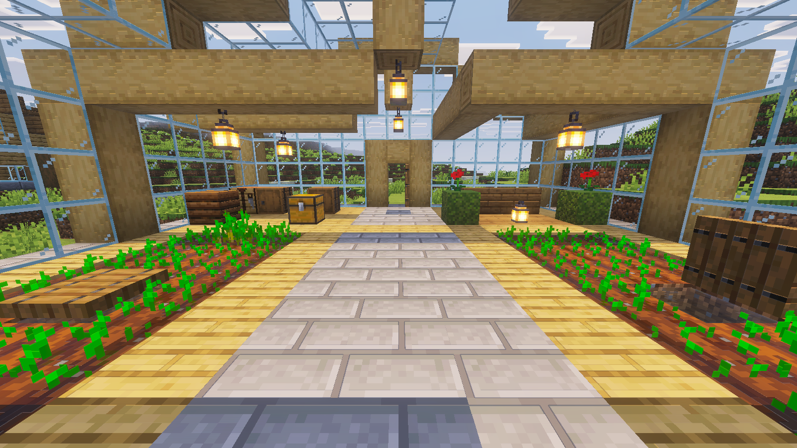 Sunlit greenhouse with detailed wood beams and stone path under Full Vanilla Vibrant Visuals.