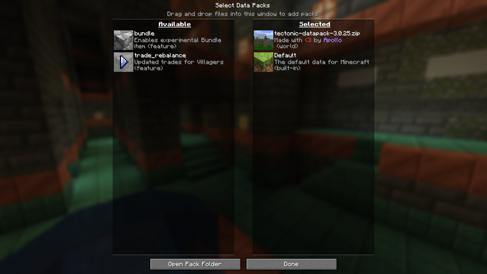 The Tectonic 3.0.25 datapack is in Selected above Default during Java world creation.