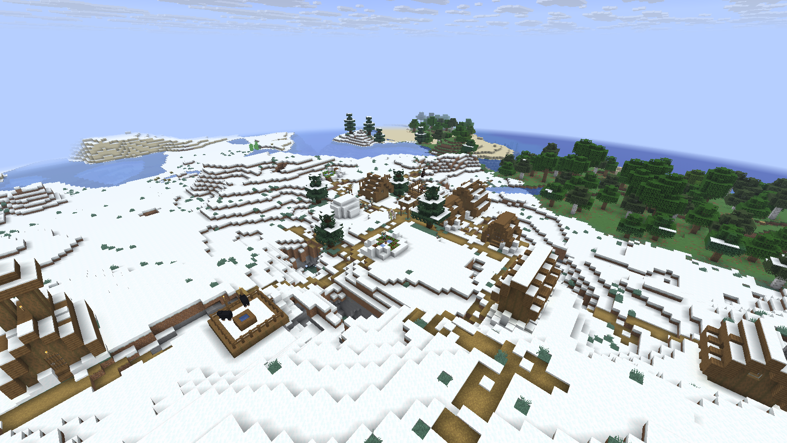 A wider view shows how the naturally generated village follows the snowy slopes.