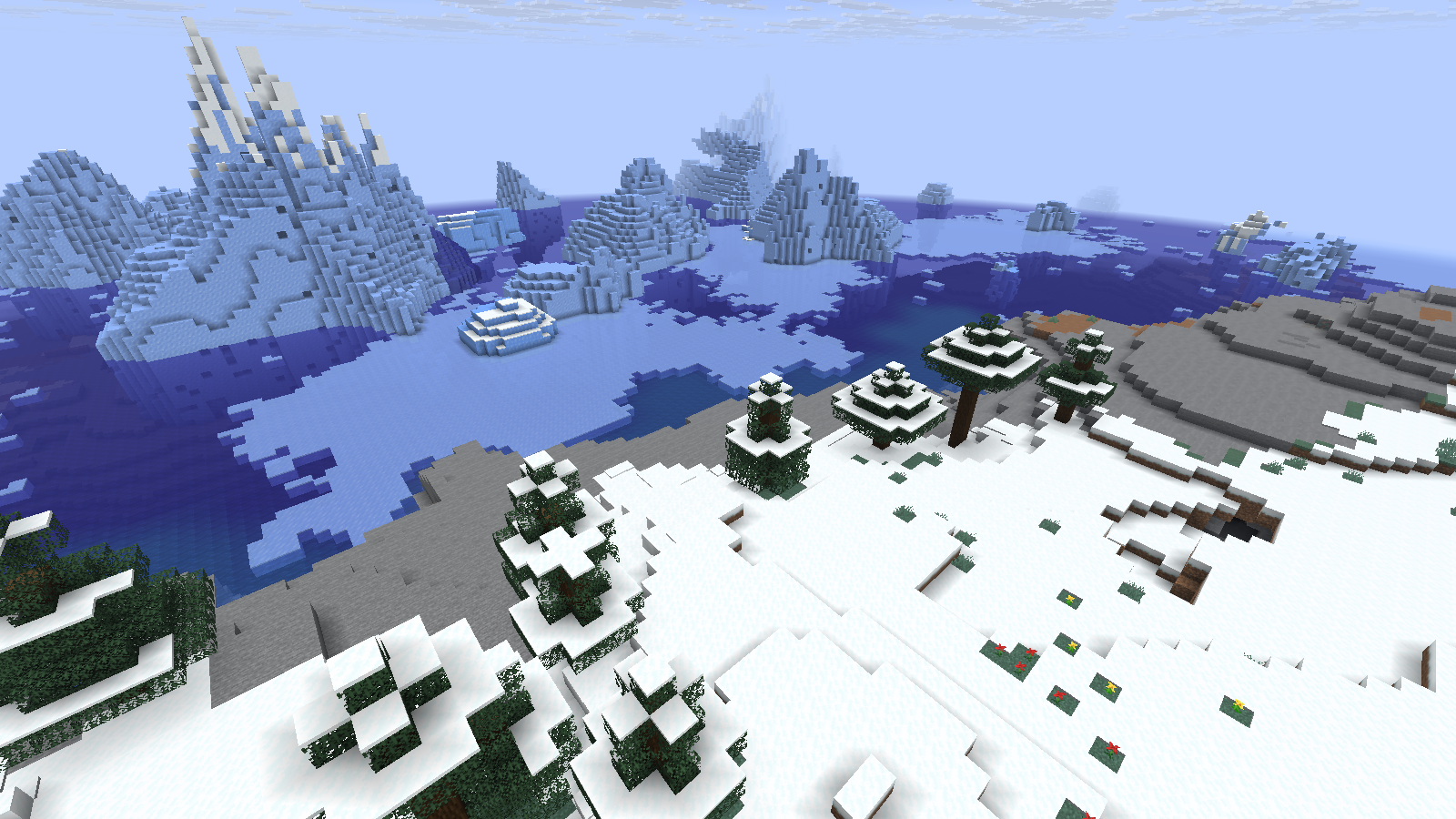 A separate southern viewpoint shows snowy spruce trees and larger icebergs, about 1,540 blocks from world spawn.