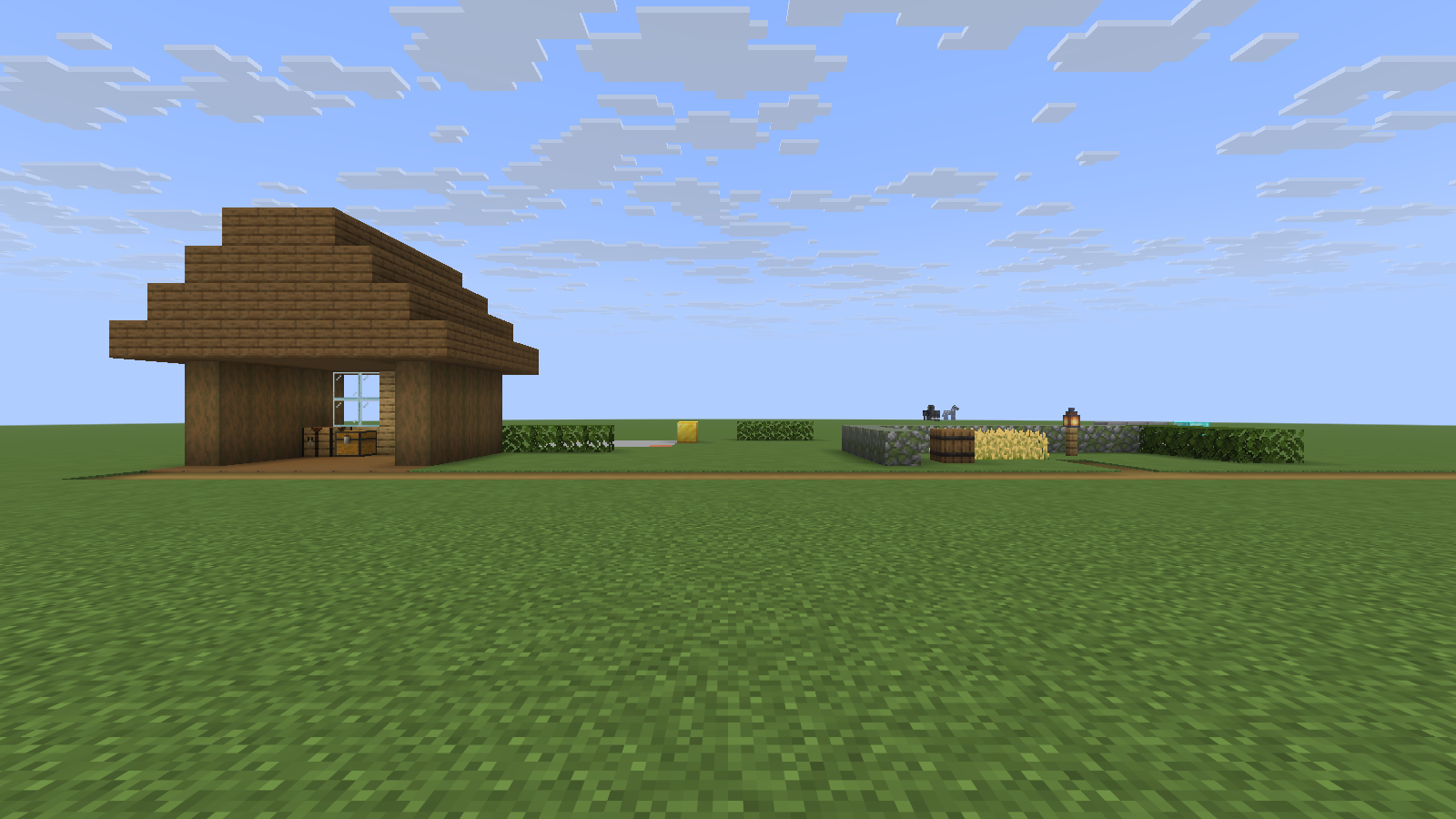 A wooden workshop and a small garden joined by a path in Minecraft.