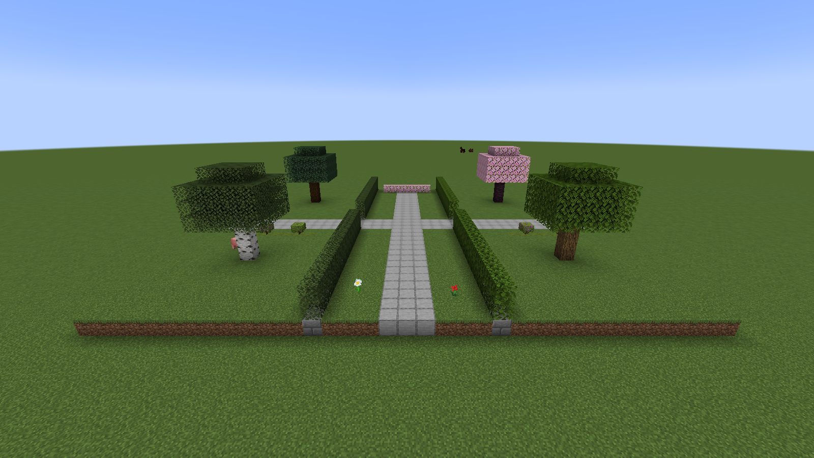 Our oak, birch, spruce and cherry demonstration garden with default Minecraft leaf models.