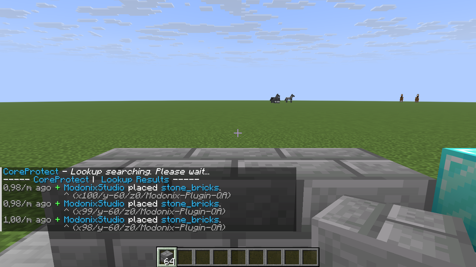 CoreProtect lists the three actual stone-brick placements by the local player.