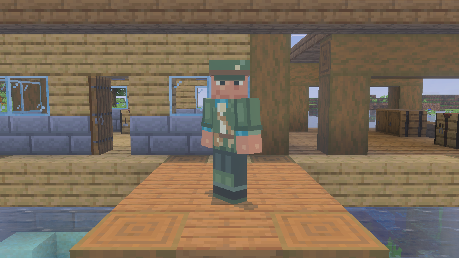 Wetland Ranger skin viewed from the front on a wooden landing in Minecraft Bedrock.
