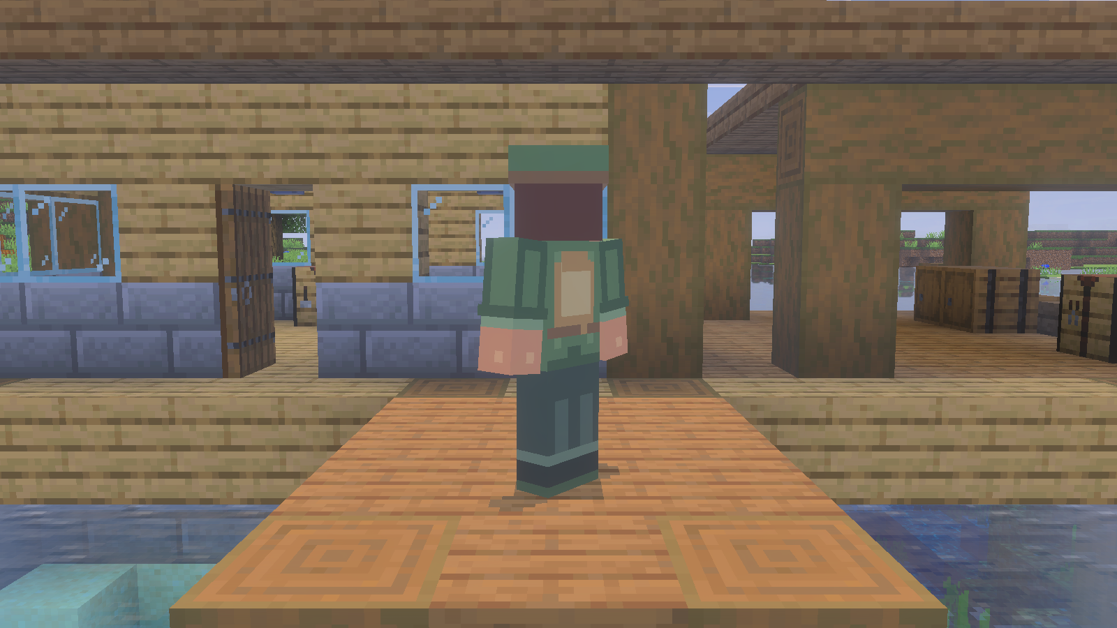 Back view of the Wetland Ranger skin showing the tan pack and green jacket.