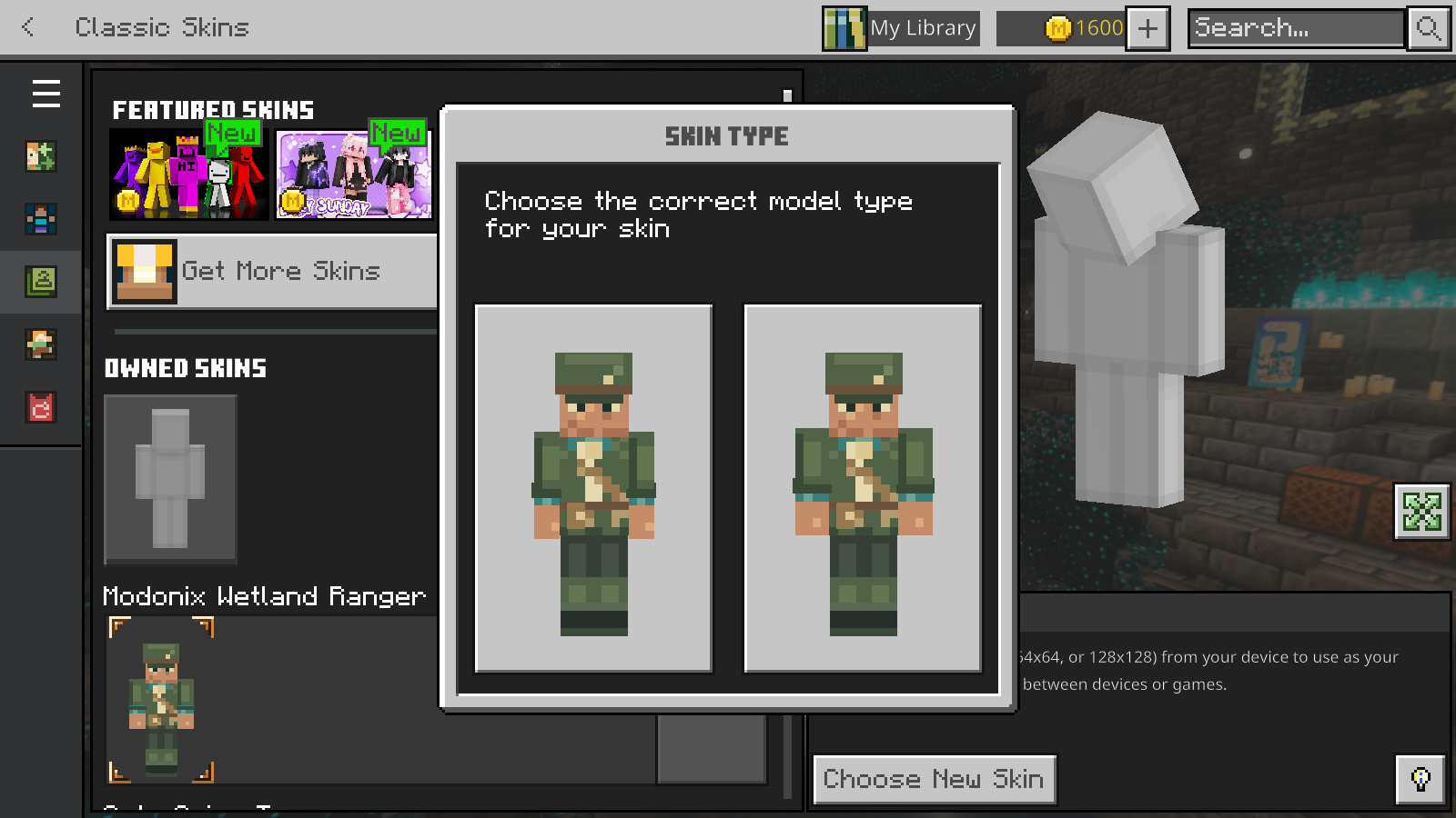 Minecraft Bedrock Skin Type dialog showing the Ranger on Slim and Classic wide-arm models.