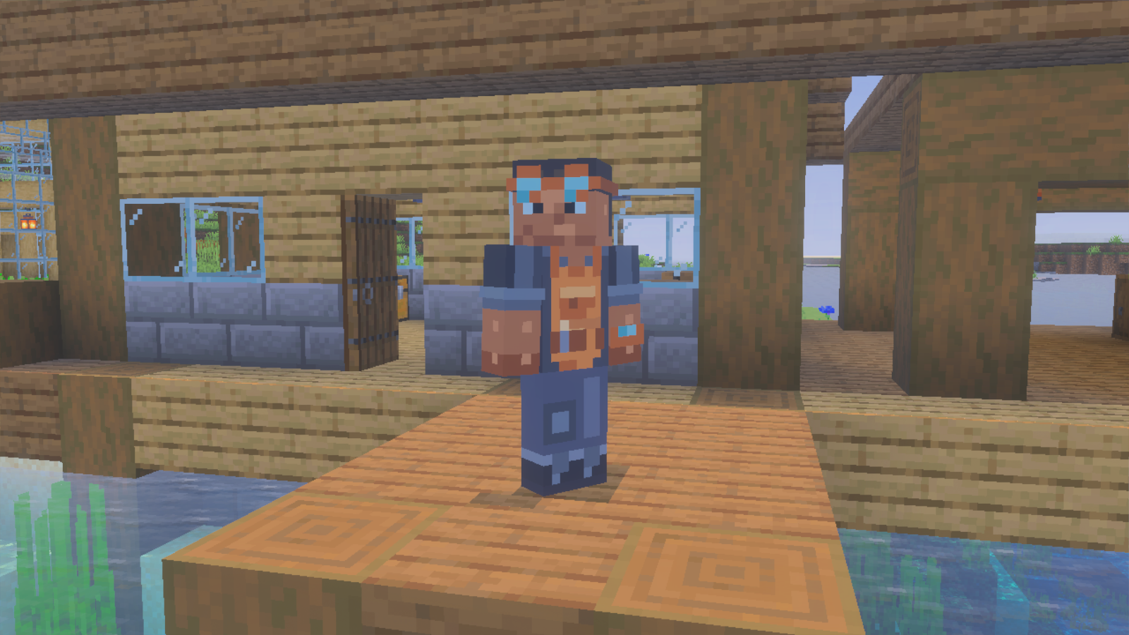 Front three-quarter view of the Copper Mechanic skin on a wooden landing in Minecraft Bedrock.