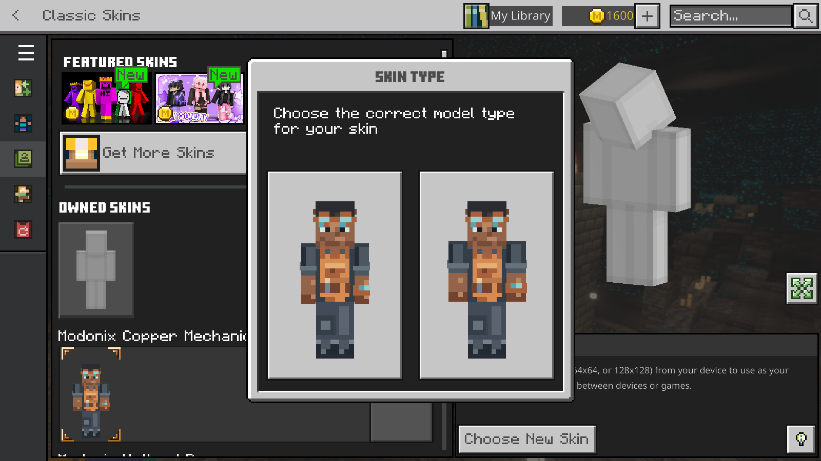 Minecraft Bedrock Skin Type dialog showing Copper Mechanic on Slim and Classic wide-arm models.