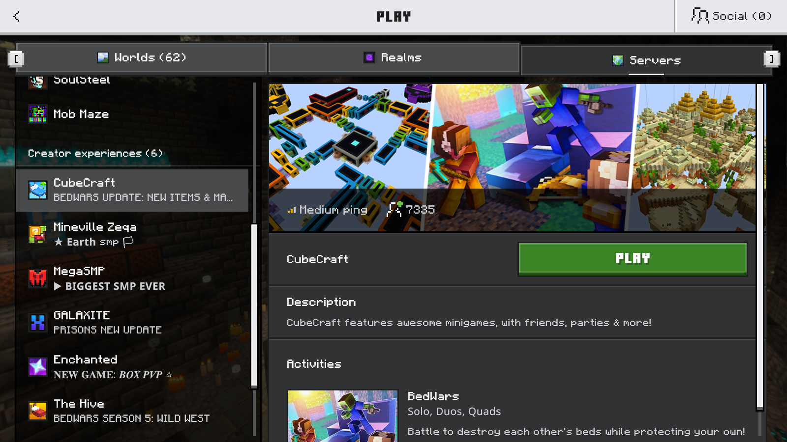 Minecraft Bedrock Servers tab with CubeCraft selected under Creator experiences and the green PLAY button visible.