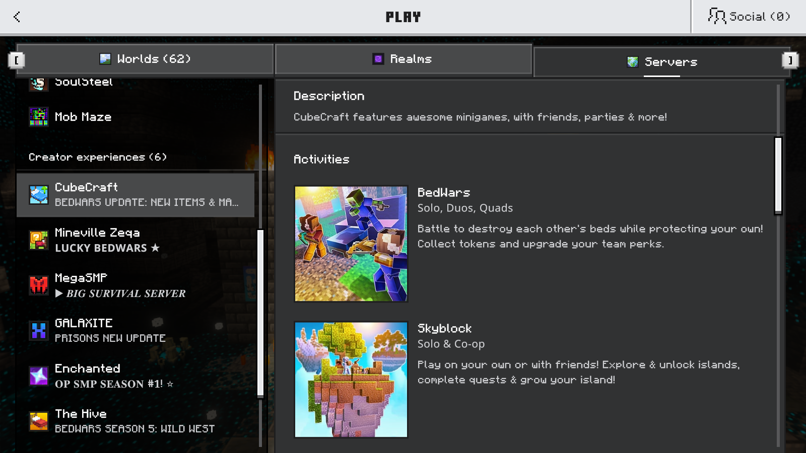 CubeCraft Activities panel listing BedWars Solo, Duos and Quads, and Skyblock Solo and Co-op in Minecraft Bedrock.