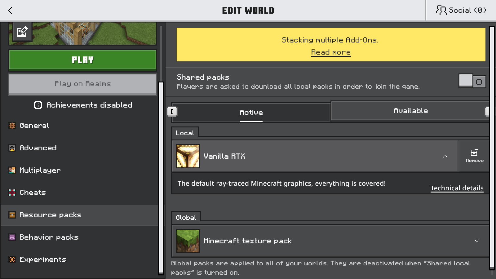 Bedrock Edit World Resource packs screen with Vanilla RTX active locally and the default Minecraft texture pack under Global.