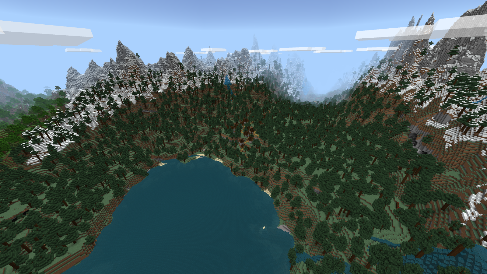 Native Bedrock overview of a mountain lake with spruce forest, a hillside village and snowy ridges.