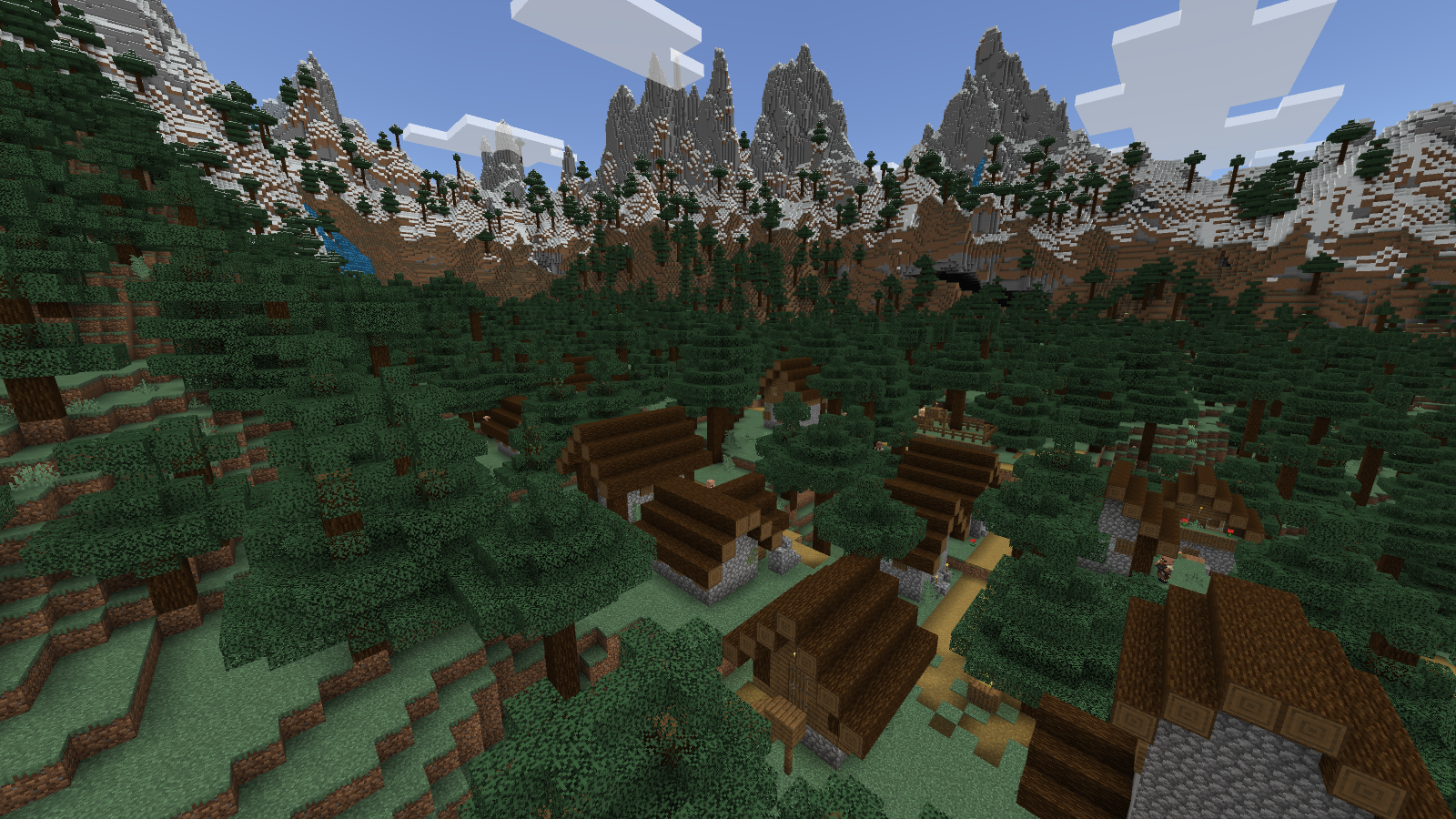 Bedrock taiga village with spruce roofs and paths at different heights beneath snowy mountain peaks.
