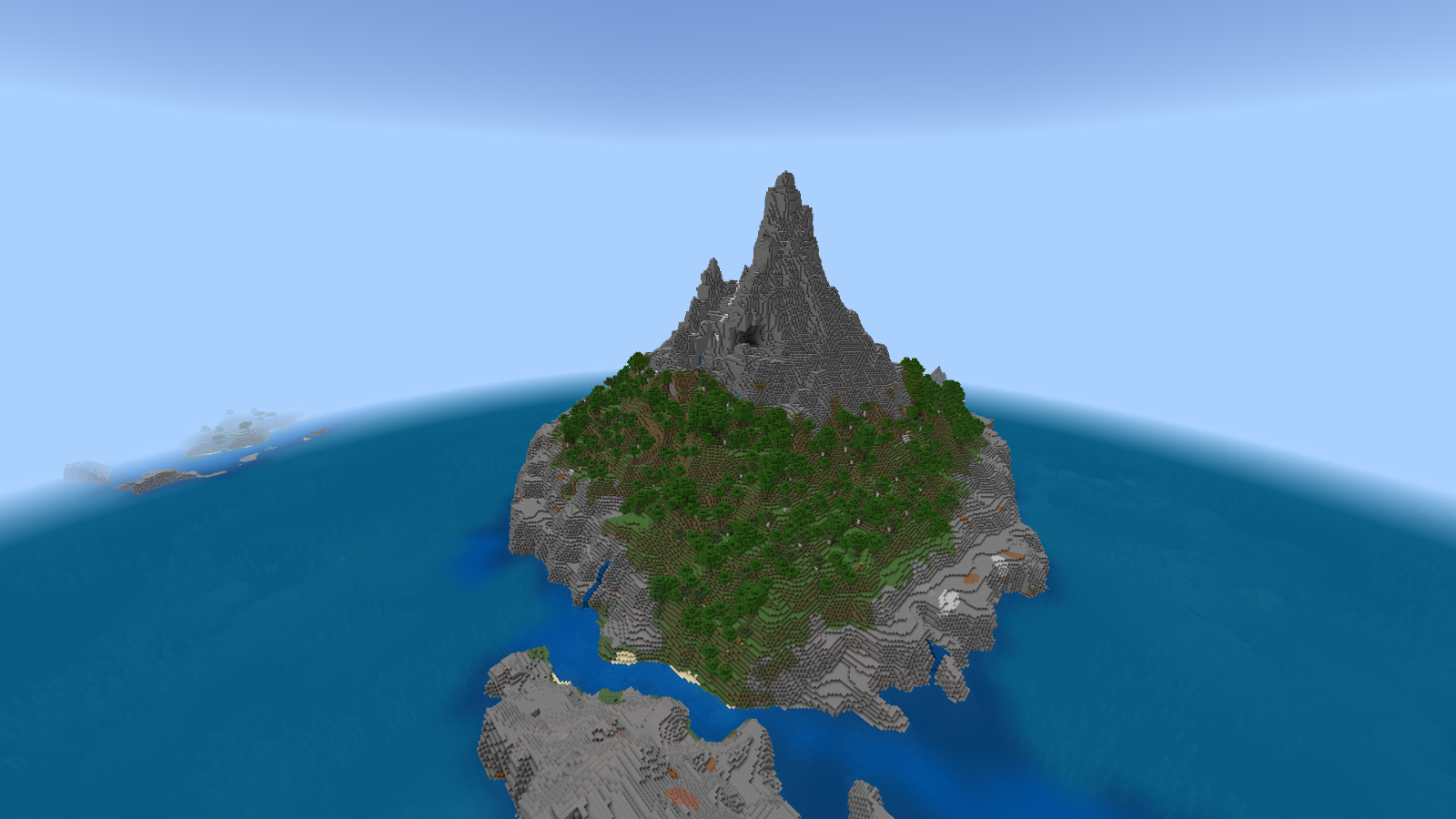 Native Bedrock overview of a mountain island with a tall stone peak, green forest terraces and rocky islets offshore.