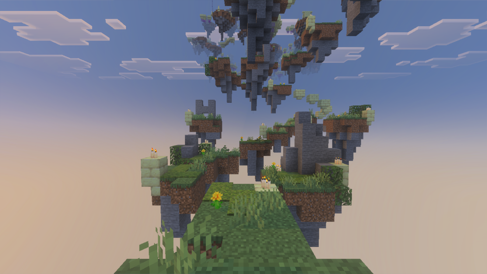 Floating grass and stone islands with candles and flowers at the start of Elysium: Remake.