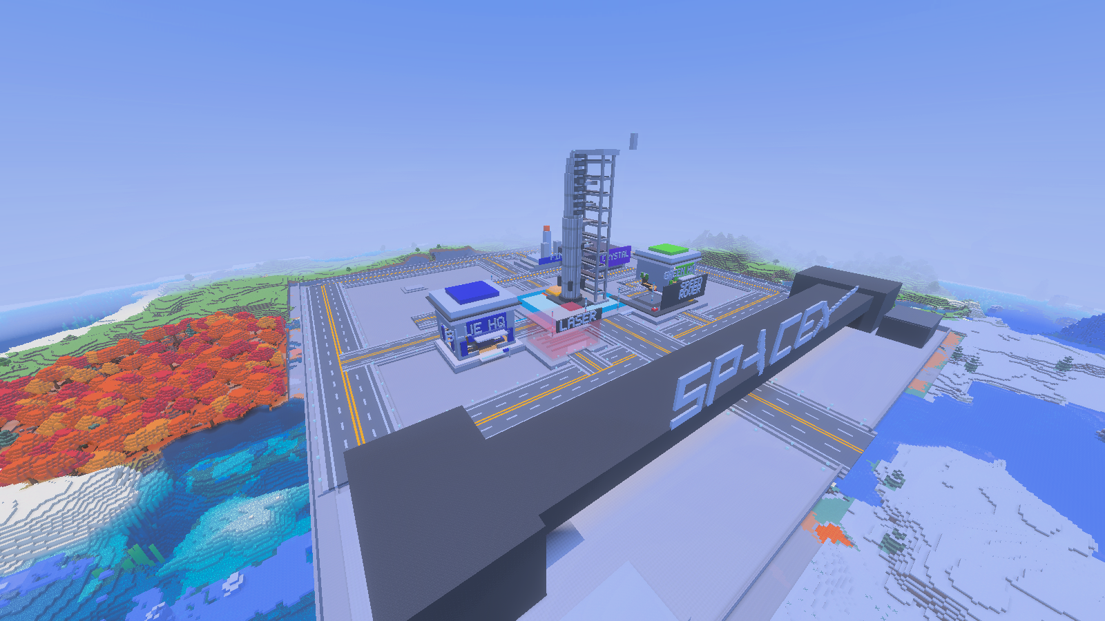 The spaceport road grid and entrance sign viewed from above, surrounded by water, forest and snow.