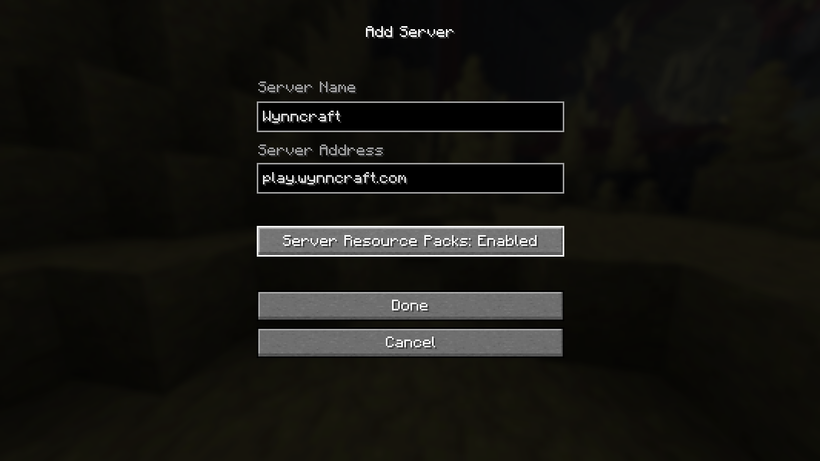 Minecraft Java Add Server form showing the name Wynncraft, address play.wynncraft.com, and Server Resource Packs Enabled.