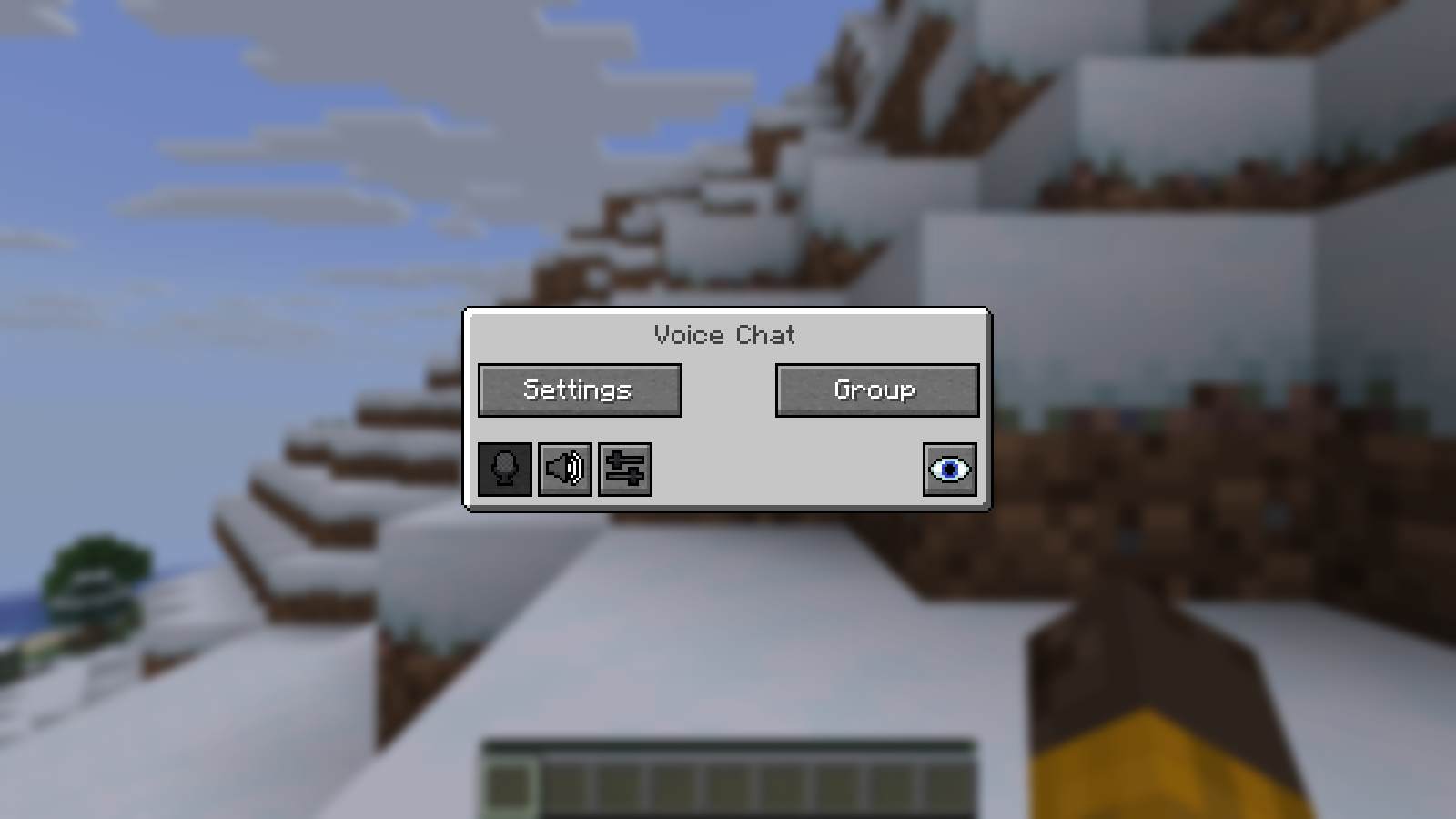 Simple Voice Chat main menu in Minecraft, showing Settings, Group and the microphone, speaker, volume and icon controls.
